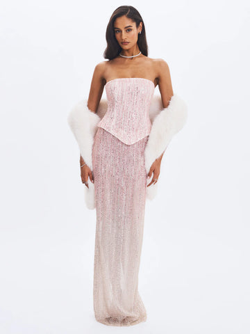 Tosca Beaded Blush Gradient Strapless Peplum Maxi Dress - XXS / US 0 Tosca Beaded Blush Gradient Strapless Peplum Maxi Dress - XXS / US 0