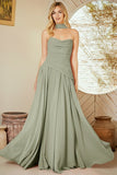 PLEAT DETAIL STRAPLESS CHIFFON A LINE DRESS