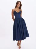 Ailani Navy Taffeta Smocked Midi Dress