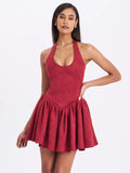 HADARA BURGUNDY SUEDE HALTER MINI DRESS