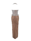 Nancie Apricot Beaded Halter Peplum Ruched Maxi Dress
