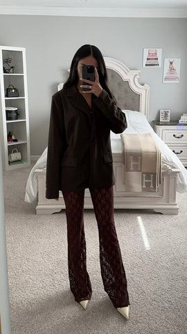 BROWN LACE FLARED MESH PANTS