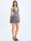 Daisy Grey Drop Waist Fur Trim Halter Mini Dress