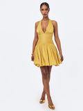 Xavia Gold Crystal Organza Plunging Halter Mini Dress