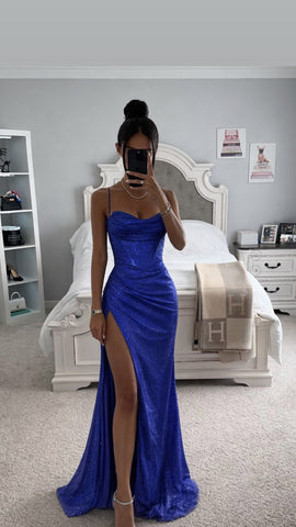 NAVY GLITTERY CORSET LACE BACK SLIT GOWN