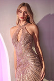 SEQUIN EMBELLISHED HALTER FITTED DRESS
