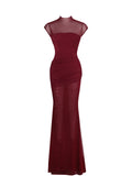 Burgundy mesh cap sleeve mermaid gown