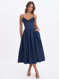 Ailani Navy Taffeta Smocked Midi Dress
