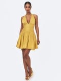 Xavia Gold Crystal Organza Plunging Halter Mini Dress