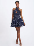 Yamina Navy Polka Dot Ramie Crossover Halter Gathered Mini Dress