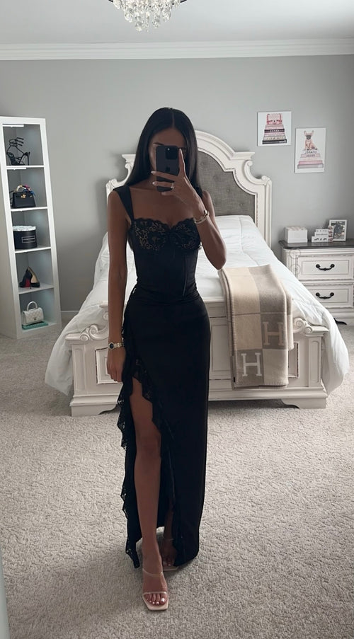 Black Lace Satin Maxi Corset Dress Medium / As Shown Black Lace Satin Maxi Corset Dress Medium / As Shown