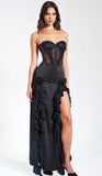 ROBE LONGUE CORSET EN DENTELLE SATINÉE NOIRE TALIA
