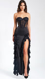 ROBE LONGUE CORSET EN DENTELLE SATINÉE NOIRE TALIA