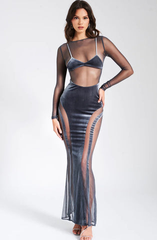 ROBE LONGUE EN MAILLE DE VELOURS GRIS SHANNON 