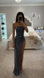 ABITO LUNGO RAMONDA CON SPALLINE E PAILLETTES BLU MARINO E SPACCO ALTO