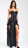 ROBE LONGUE CORSET EN DENTELLE SATINÉE NOIRE TALIA
