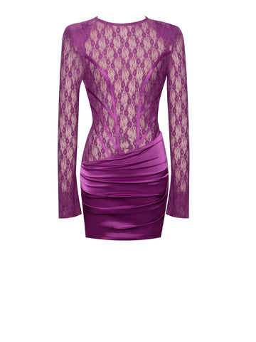 QUARTNEY PURPLE LONG SLEEVE SATIN LACE MINI DRESS As Shown / Large QUARTNEY PURPLE LONG SLEEVE SATIN LACE MINI DRESS As Shown / Large