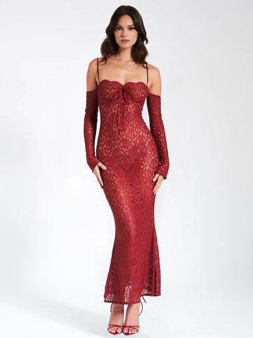 ROBE LONGUE À MANCHES LONGUES EN DENTELLE BORDEAUX UDAYA 