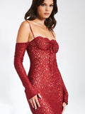 ROBE LONGUE À MANCHES LONGUES EN DENTELLE BORDEAUX UDAYA 