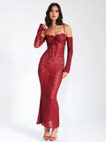 ROBE LONGUE À MANCHES LONGUES EN DENTELLE BORDEAUX UDAYA 