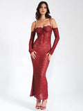 ROBE LONGUE À MANCHES LONGUES EN DENTELLE BORDEAUX UDAYA 
