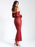 ROBE LONGUE À MANCHES LONGUES EN DENTELLE BORDEAUX UDAYA 