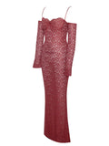 ROBE LONGUE À MANCHES LONGUES EN DENTELLE BORDEAUX UDAYA 