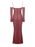 ROBE LONGUE À MANCHES LONGUES EN DENTELLE BORDEAUX UDAYA 