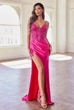 STRETCH SATIN GLITTER LACE FITTED GOWN