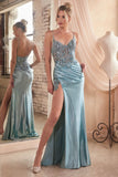 STRETCH SATIN GLITTER LACE FITTED GOWN