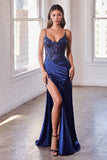 STRETCH SATIN GLITTER LACE FITTED GOWN