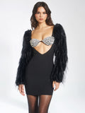 ROBE BUSTIER EN CRISTAL AVEC MANCHES EN FAUSSE FOURRURE NOIRE IDONEA