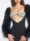 ROBE BUSTIER EN CRISTAL AVEC MANCHES EN FAUSSE FOURRURE NOIRE IDONEA