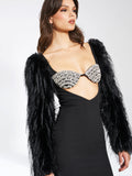 ROBE BUSTIER EN CRISTAL AVEC MANCHES EN FAUSSE FOURRURE NOIRE IDONEA
