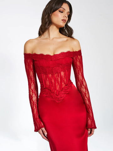 Nessa Red Lace Satin Maxi Dress As Shown / Xs Nessa Red Lace Satin Maxi Dress As Shown / Xs