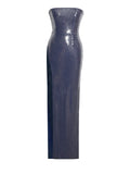 ABITO LUNGO RAMONDA CON SPALLINE E PAILLETTES BLU MARINO E SPACCO ALTO