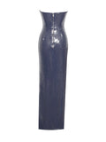ABITO LUNGO RAMONDA CON SPALLINE E PAILLETTES BLU MARINO E SPACCO ALTO