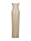 LAINEY GOLD SATIN SEQUIN PEARL BEADED MAXI DRESS