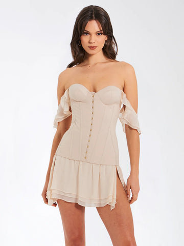 MARICA BEIGE SATIN CORSET MINI DRESS Small MARICA BEIGE SATIN CORSET MINI DRESS Small