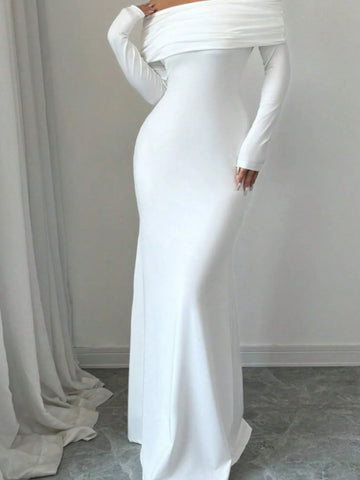 white bodycon dress long sleeve off the shoulder White Ruched Off Shoulder Long Sleeve Mini Dress