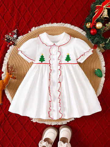 Children's Christmas Tree Embroidered Ruffle Trim Dress – SHOP DDMINE