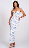 ROBE LONGUE EN DENTELLE SATINÉE À IMPRIMÉ FLORAL BLEU 