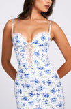 ROBE LONGUE EN DENTELLE SATINÉE À IMPRIMÉ FLORAL BLEU 
