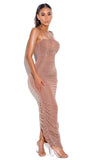 ROBE LONGUE EN MOUSSELINE FRONCÉE OR ROSE