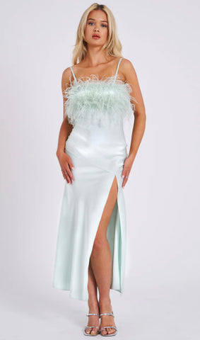 ROBE LONGUE À PLUMES MENTHE YANA