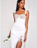 ROBE CORSET MAXI EN SATIN ET DENTELLE BLANCHE