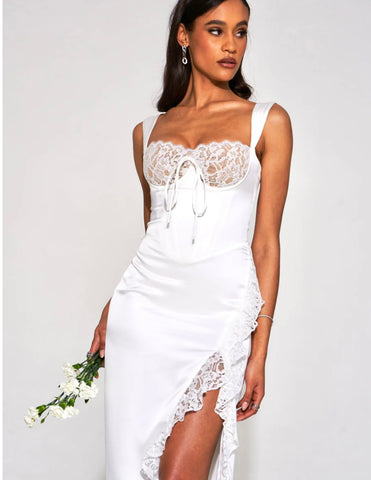 WHITE LACE SATIN MAXI CORSET DRESS – SHOP DDMINE