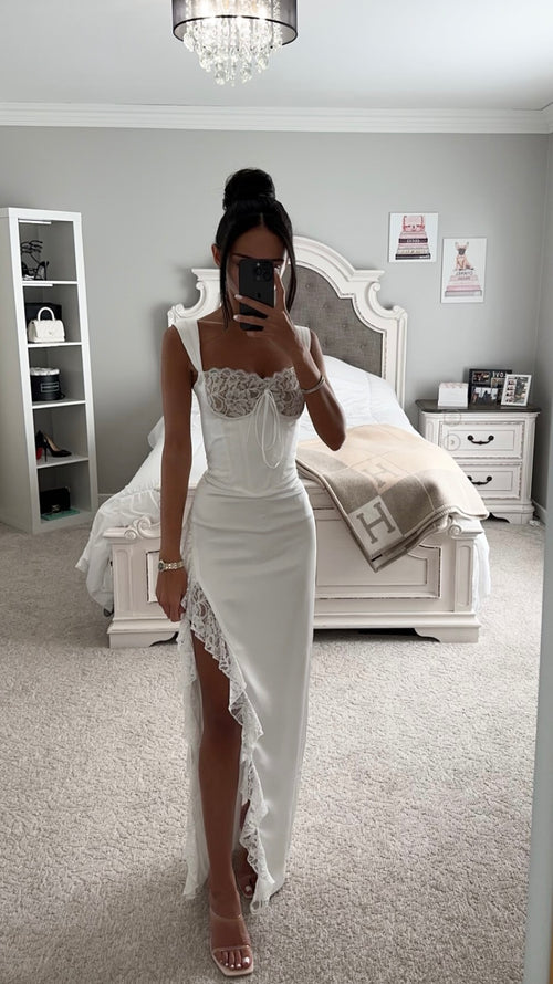 WHITE LACE SATIN MAXI CORSET DRESS – SHOP DDMINE
