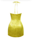 ABITO CORTO IN RASO ORO ROSETTE CON SCOLLO A V