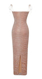 ROBE LONGUE EN MOUSSELINE FRONCÉE OR ROSE